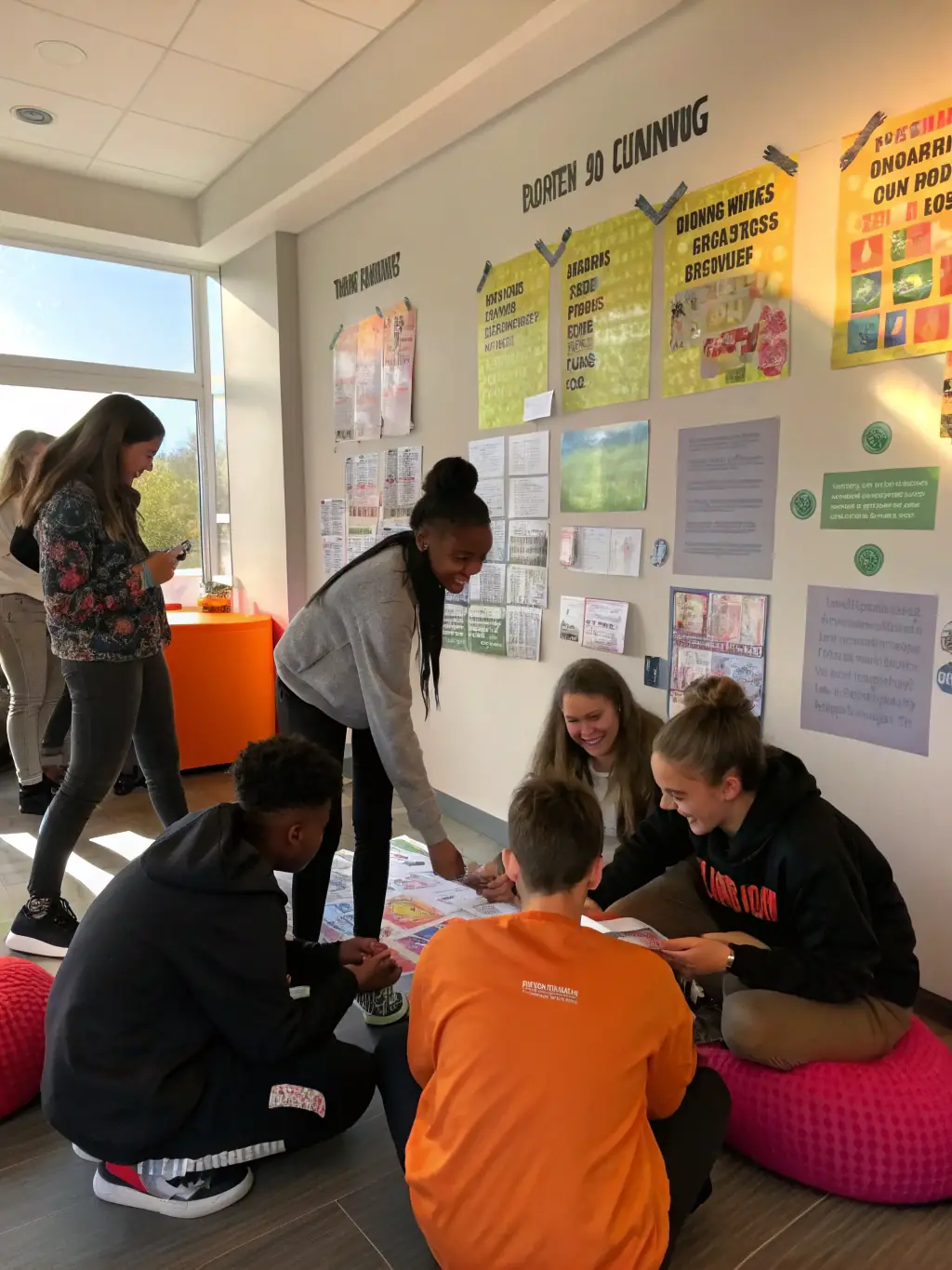 A group of diverse teenagers engaged in a brainstorming session, surrounded by colorful sticky notes and markers, symbolizing collaborative idea generation and divergent thinking within the Divergent Training program.