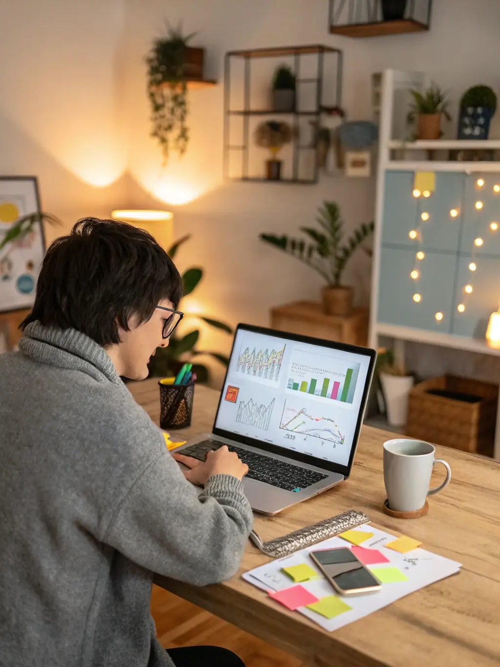 An individual working on a complex project, surrounded by sticky notes and diagrams, illustrating problem-solving and innovative thinking.