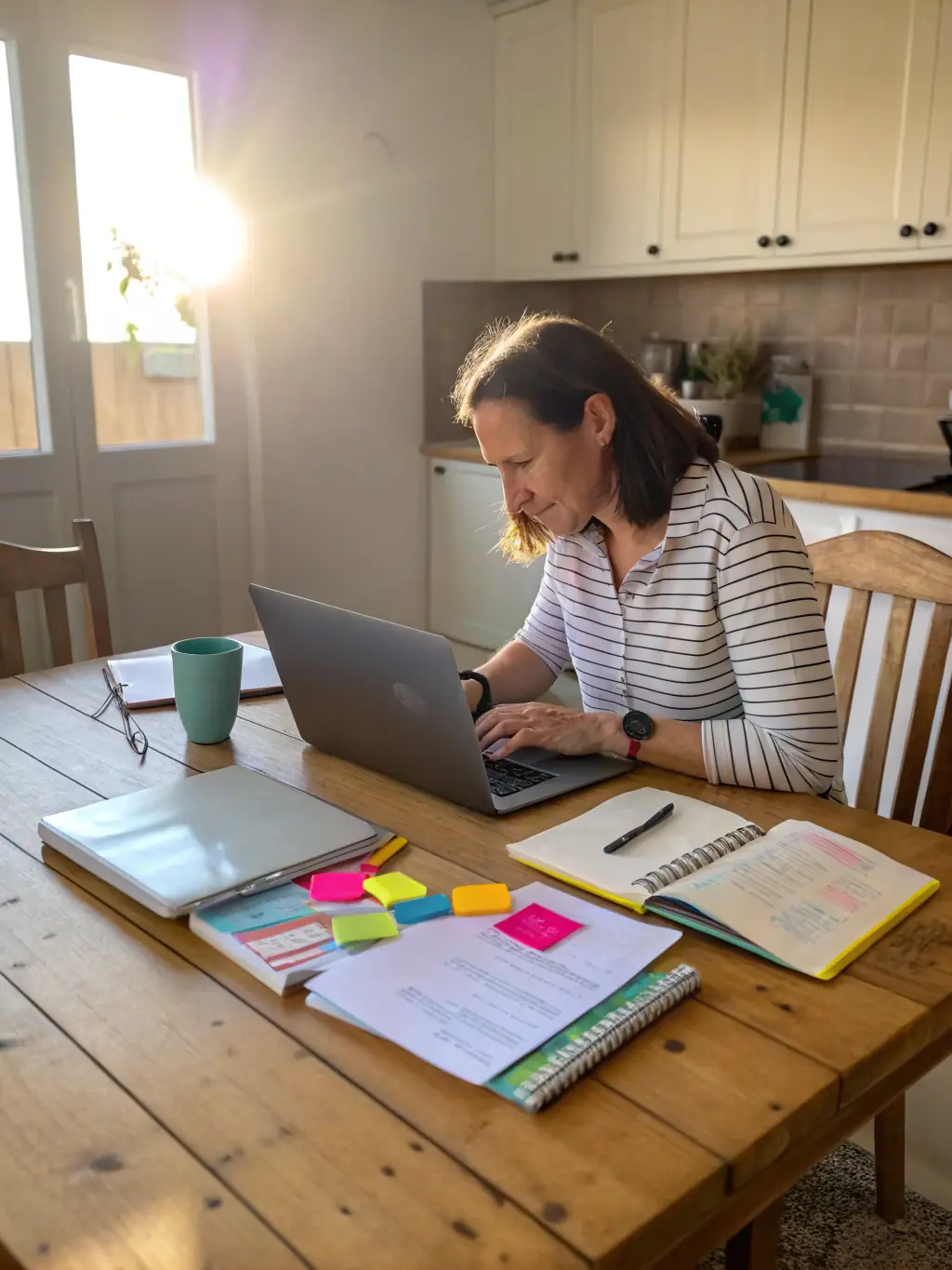 A person balancing work tasks on a laptop with family activities in the background, representing work-life balance and time management.