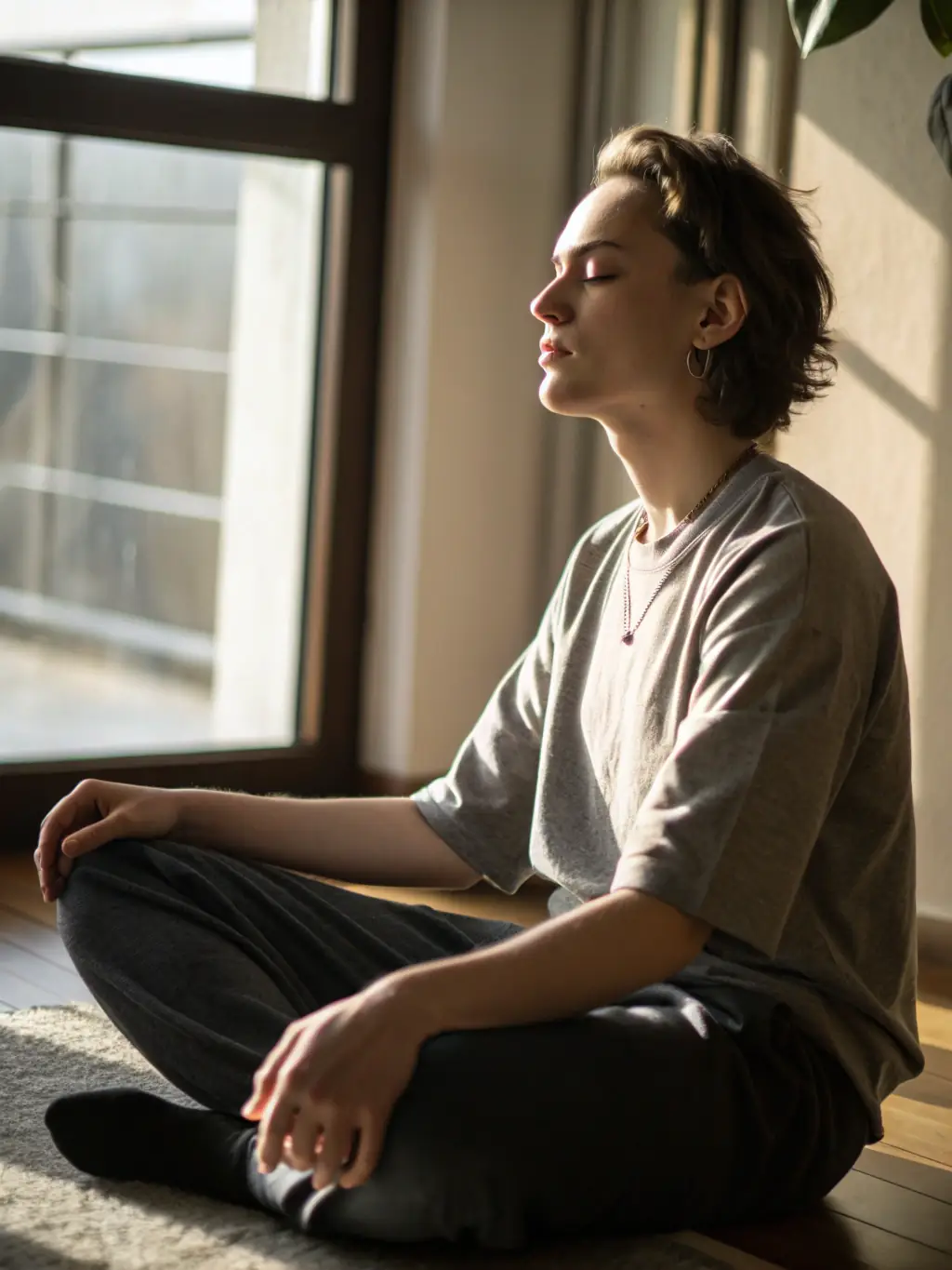 A person meditating in a peaceful environment, representing the 'Discover' stage of the Divergent Training framework, emphasizing self-awareness and mindfulness.