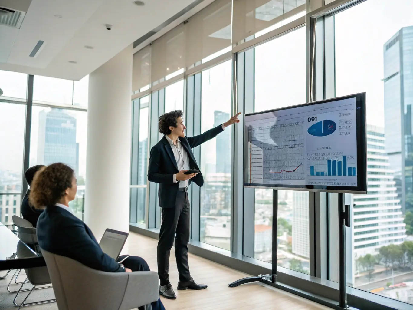 A person confidently presenting a solution to a complex problem, highlighting the development of problem-solving abilities through Divergent Training's tailored programs.