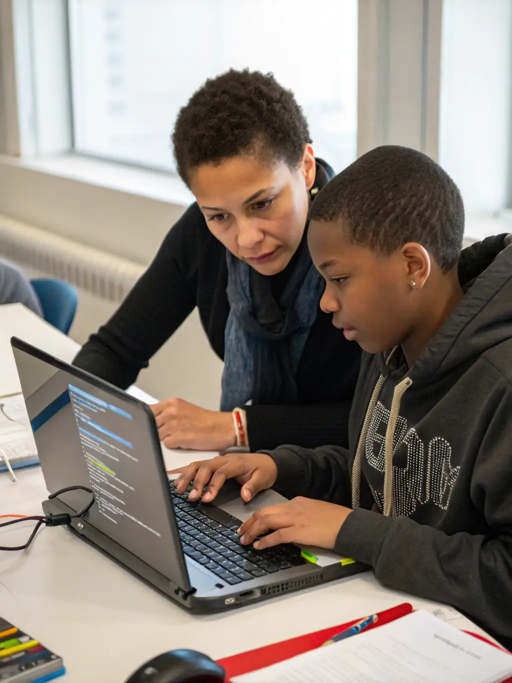 A mentor guiding a young student through a coding exercise, illustrating the personalized support and skill development offered by the Divergent Training program.