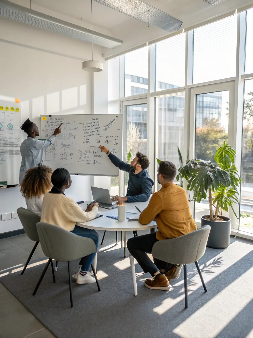 A diverse group of professionals collaborating in a modern office, brainstorming ideas on a whiteboard, showcasing teamwork and innovation.
