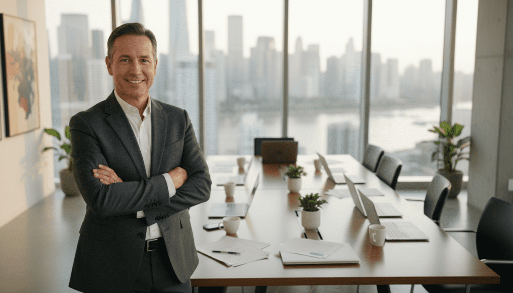 A confident, professional founder standing in a modern office space, exuding inspirational leadership. In the foreground, the founder is a middle-aged individual dressed in tailored business attire, with an engaging expression and arms crossed, symbolizing determination. The middle ground includes a sleek conference table with a few open laptops and documents, indicating an active discussion. In the background, large windows reveal a city skyline, bathed in soft, natural light, enhancing the atmosphere of innovation and success. The overall mood is energized yet approachable, reflecting the dynamic nature of entrepreneurship. The image is captured from a slightly elevated angle, giving a sense of openness and perspective, with a shallow depth of field focusing on the founder. A confident, professional founder standing in a modern office space, exuding inspirational leadership. In the foreground, the founder is a middle-aged individual dressed in tailored business attire, with an engaging expression and arms crossed, symbolizing determination. The middle ground includes a sleek conference table with a few open laptops and documents, indicating an active discussion. In the background, large windows reveal a city skyline, bathed in soft, natural light, enhancing the atmosphere of innovation and success. The overall mood is energized yet approachable, reflecting the dynamic nature of entrepreneurship. The image is captured from a slightly elevated angle, giving a sense of openness and perspective, with a shallow depth of field focusing on the founder.