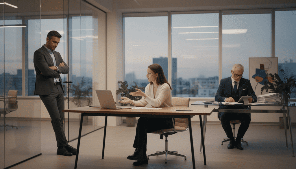 A contemporary office setting showcasing three distinct figures representing role confusion: a founder, a CEO, and an investor. In the foreground, the founder, a young woman in smart casual attire, passionately discusses a project with a laptop open in front of her. In the middle ground, a middle-aged man in formal business attire, representing the CEO, is leaning against a glass wall, deep in thought, with a thoughtful expression. To the side, an older investor, dressed in a tailored suit, reviews financial documents. The background features a sleek urban skyline visible through large windows, with soft, warm lighting creating an inviting atmosphere. The scene should evoke a sense of collaboration and complexity in the roles each character plays within the business environment, using a wide-angle lens to capture the depth of the office space. A contemporary office setting showcasing three distinct figures representing role confusion: a founder, a CEO, and an investor. In the foreground, the founder, a young woman in smart casual attire, passionately discusses a project with a laptop open in front of her. In the middle ground, a middle-aged man in formal business attire, representing the CEO, is leaning against a glass wall, deep in thought, with a thoughtful expression. To the side, an older investor, dressed in a tailored suit, reviews financial documents. The background features a sleek urban skyline visible through large windows, with soft, warm lighting creating an inviting atmosphere. The scene should evoke a sense of collaboration and complexity in the roles each character plays within the business environment, using a wide-angle lens to capture the depth of the office space.