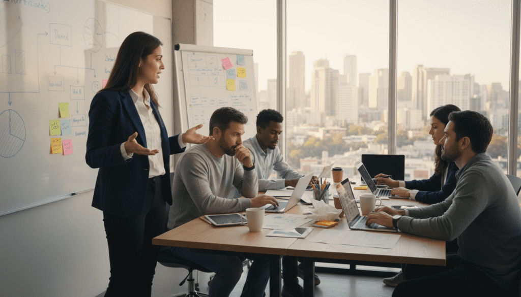 A diverse group of entrepreneurs brainstorming in a modern office space, surrounded by whiteboards filled with diagrams and sticky notes representing their ideas. In the foreground, a young woman in professional business attire passionately explaining her vision to others, while a middle-aged man takes notes on his laptop, showcasing a variety of ages and backgrounds. The middle ground features a collaborative table cluttered with laptops, coffee cups, and design sketches, symbolizing teamwork and innovation. In the background, large windows reveal a city skyline bathed in warm, natural light, creating an optimistic and inspiring atmosphere. The scene captures the dynamic energy of a founder's journey from concept to business, highlighting creativity and collaboration. A diverse group of entrepreneurs brainstorming in a modern office space, surrounded by whiteboards filled with diagrams and sticky notes representing their ideas. In the foreground, a young woman in professional business attire passionately explaining her vision to others, while a middle-aged man takes notes on his laptop, showcasing a variety of ages and backgrounds. The middle ground features a collaborative table cluttered with laptops, coffee cups, and design sketches, symbolizing teamwork and innovation. In the background, large windows reveal a city skyline bathed in warm, natural light, creating an optimistic and inspiring atmosphere. The scene captures the dynamic energy of a founder's journey from concept to business, highlighting creativity and collaboration.