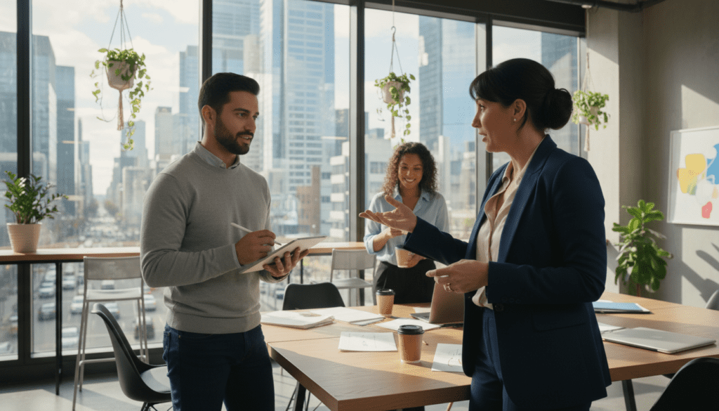 A diverse group of three business owners engaged in a lively discussion in a modern office setting. In the foreground, a middle-aged woman in professional attire, confidently gesturing while explaining her ideas. Beside her, a young man in a smart-casual outfit is taking notes on a digital tablet, looking intrigued. In the background, a window reveals a bustling cityscape, hinting at the energetic environment outside. Soft, natural light pours in, creating a warm and inviting atmosphere. The camera angle is slightly elevated, providing a broad view of the workspace adorned with plants and contemporary furniture, reflecting a creative and collaborative vibe of daily operations within a business. A diverse group of three business owners engaged in a lively discussion in a modern office setting. In the foreground, a middle-aged woman in professional attire, confidently gesturing while explaining her ideas. Beside her, a young man in a smart-casual outfit is taking notes on a digital tablet, looking intrigued. In the background, a window reveals a bustling cityscape, hinting at the energetic environment outside. Soft, natural light pours in, creating a warm and inviting atmosphere. The camera angle is slightly elevated, providing a broad view of the workspace adorned with plants and contemporary furniture, reflecting a creative and collaborative vibe of daily operations within a business.