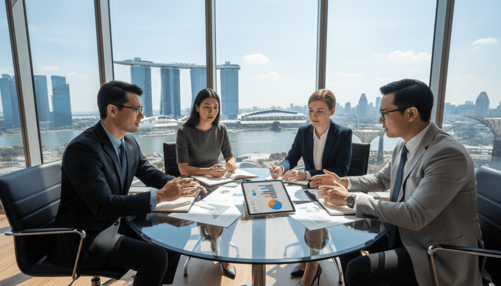 A professional meeting scene set in a sleek, modern Singapore office. In the foreground, a diverse group of four business people engaged in a brainstorming session, dressed in professional attire—suits, blouses, and dresses—analyzing documents and a digital tablet filled with charts. In the middle ground, a large window showing Singapore’s iconic skyline with the Marina Bay Sands and Gardens by the Bay in the background under a bright, sunny sky. Soft, natural lighting illuminates the room, casting gentle shadows, creating a dynamic yet inviting atmosphere. The camera angle is slightly elevated, providing a wide view of the teamwork, emphasizing collaboration and innovation in a vibrant business culture.