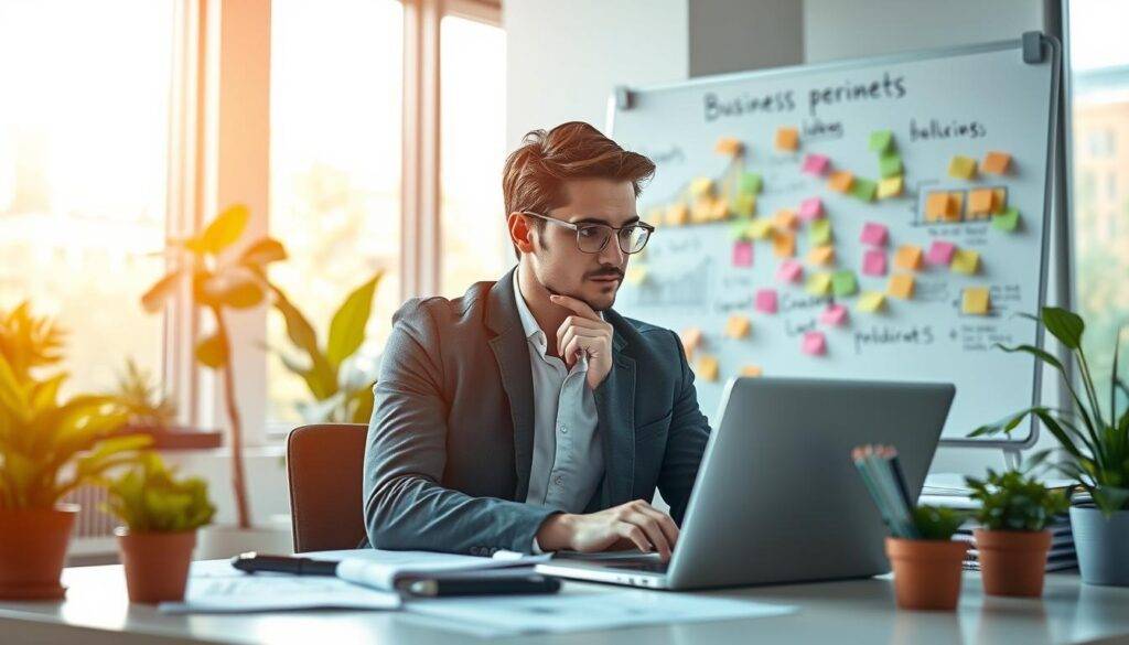 A thoughtful entrepreneur in a modern office setting, sitting at a sleek desk cluttered with sketches and notes representing various business ideas. The foreground features a focused, young professional wearing smart casual attire, deep in thought while looking at a laptop screen displaying business graphs. The middle ground showcases a whiteboard filled with colorful post-it notes outlining potential ideas, surrounded by potted plants that add a touch of greenery. In the background, large windows let in natural light, casting a warm glow across the room, enhancing the atmosphere of creativity and innovation. The overall mood is inspirational, reflecting a moment of discovery, with soft, diffused lighting and a slight depth of field that draws attention to the entrepreneur's contemplative expression. A thoughtful entrepreneur in a modern office setting, sitting at a sleek desk cluttered with sketches and notes representing various business ideas. The foreground features a focused, young professional wearing smart casual attire, deep in thought while looking at a laptop screen displaying business graphs. The middle ground showcases a whiteboard filled with colorful post-it notes outlining potential ideas, surrounded by potted plants that add a touch of greenery. In the background, large windows let in natural light, casting a warm glow across the room, enhancing the atmosphere of creativity and innovation. The overall mood is inspirational, reflecting a moment of discovery, with soft, diffused lighting and a slight depth of field that draws attention to the entrepreneur's contemplative expression.