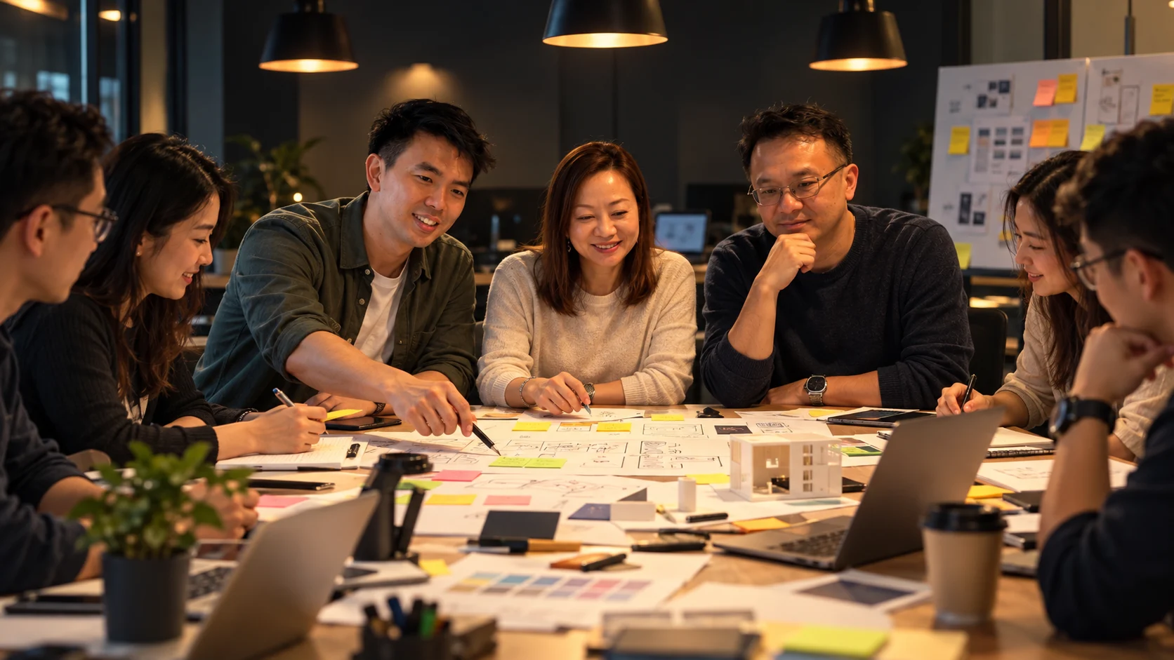 A group of participants around a table covered in sketches, sticky notes and a model, working together on a prototype under warm lamps.