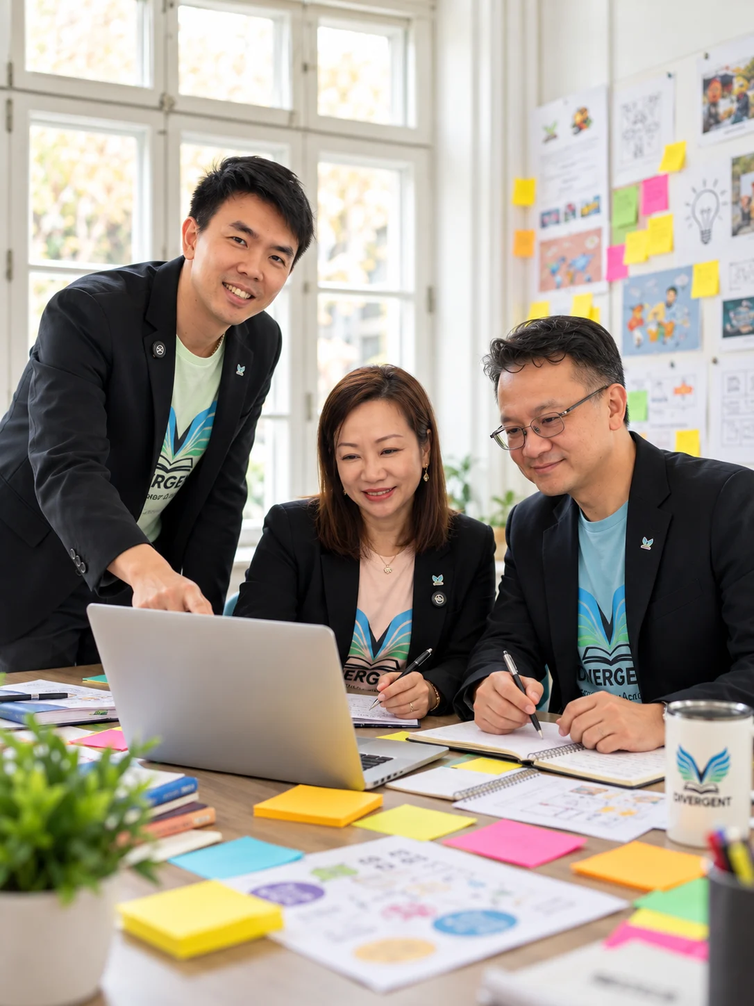 Three team members in black blazers gathered around a laptop, reviewing ideas on sticky notes and sketches in a bright meeting room.