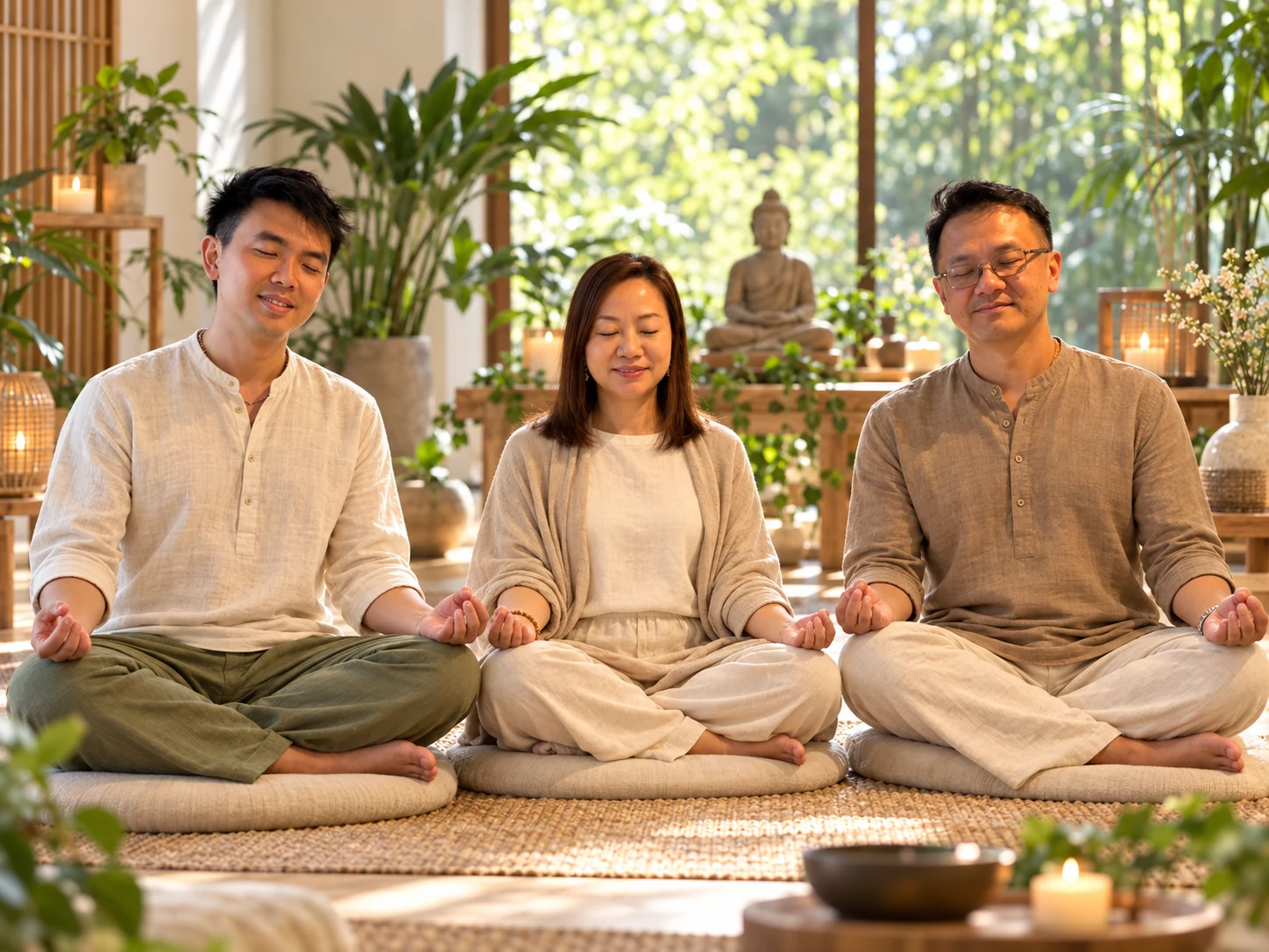 Three founders of Divergent Entrepreneur Academy meditating together.