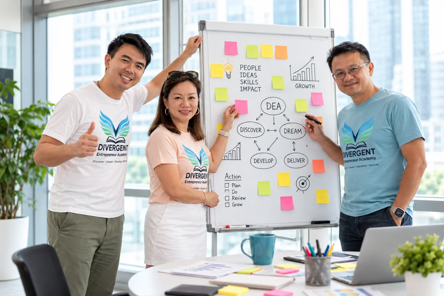 Three team members at a whiteboard covered in sticky notes, smiling and brainstorming ideas together in a bright office.
