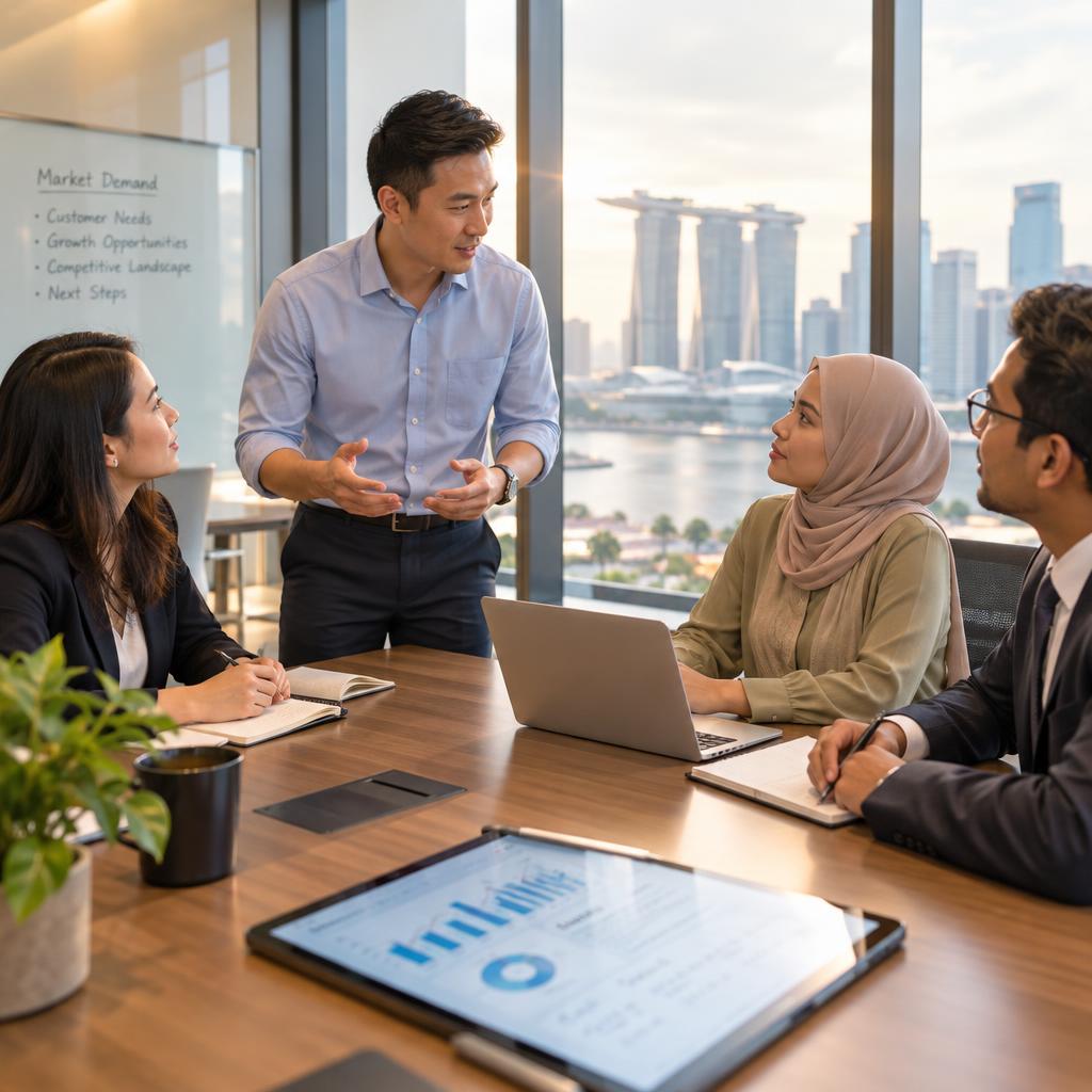 A Singapore service founder, an Asian man in his 30s, wearing a smart casual button-up shirt and tailored trousers, is actively discussing market demand with a diverse operations team seated around a sleek conference table. The team includes two women of different ethnicities, one wearing a blazer and the other in modest business casual, and a man in formal attire. The foreground displays a digital tablet with graphs and notes, while the middle shows the engaged team exchanging ideas. The background features a modern office with large windows that let in natural light, highlighting the city's skyline. The overall mood is collaborative and dynamic, captured with a soft focus lens to evoke a professional atmosphere, with warm lighting enhancing the sense of innovation and teamwork. A Singapore service founder, an Asian man in his 30s, wearing a smart casual button-up shirt and tailored trousers, is actively discussing market demand with a diverse operations team seated around a sleek conference table. The team includes two women of different ethnicities, one wearing a blazer and the other in modest business casual, and a man in formal attire. The foreground displays a digital tablet with graphs and notes, while the middle shows the engaged team exchanging ideas. The background features a modern office with large windows that let in natural light, highlighting the city's skyline. The overall mood is collaborative and dynamic, captured with a soft focus lens to evoke a professional atmosphere, with warm lighting enhancing the sense of innovation and teamwork.