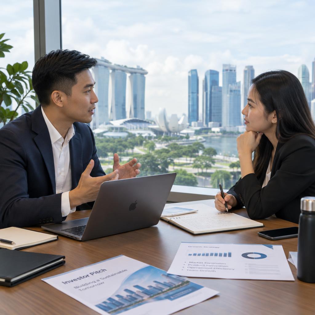 A Singaporean entrepreneur, dressed in a tailored suit with a laptop open in front of them, is rehearsing an investor pitch with a peer in a modern, well-lit office space. The background features a large window showcasing the iconic skyline of Singapore, with skyscrapers and greenery. The two individuals are engaged in an intense yet supportive discussion, surrounded by notes and presentations on a table. Soft natural light streams through the window, creating a professional and motivating atmosphere. The angle captures both faces in profile to emphasize their expressions, highlighting a sense of determination and collaboration as they prepare for their big pitch.