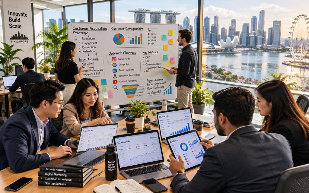 A bustling Singapore startup office scene illustrating various customer acquisition tools in action. In the foreground, a diverse group of professionals in smart business attire collaborate over laptops and digital devices displaying analytics and marketing tools. The middle ground features a whiteboard filled with colorful charts and brainstorming notes about customer demographics and outreach strategies. The background shows large windows revealing the iconic Singapore skyline, with a bright and vibrant atmosphere, emphasizing innovation and potential. Warm, natural lighting filters through the glass, creating a productive and inspiring mood. Capture this engaging scene from a slightly elevated angle to include both the teamwork and the cityscape, focusing on the dynamic energy of a startup environment. A bustling Singapore startup office scene illustrating various customer acquisition tools in action. In the foreground, a diverse group of professionals in smart business attire collaborate over laptops and digital devices displaying analytics and marketing tools. The middle ground features a whiteboard filled with colorful charts and brainstorming notes about customer demographics and outreach strategies. The background shows large windows revealing the iconic Singapore skyline, with a bright and vibrant atmosphere, emphasizing innovation and potential. Warm, natural lighting filters through the glass, creating a productive and inspiring mood. Capture this engaging scene from a slightly elevated angle to include both the teamwork and the cityscape, focusing on the dynamic energy of a startup environment.