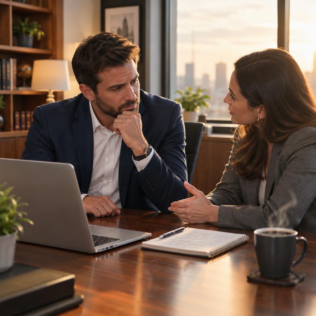 A close-up scene in an elegantly furnished office space, displaying a resilient entrepreneur and a trusted colleague engaged in a private conversation. The entrepreneur, dressed in professional business attire, exhibits a thoughtful yet determined expression, reflecting on a recent loss of a customer. In the foreground, a polished wooden desk with a laptop, notepad, and a steaming cup of coffee creates an inviting atmosphere. The middle section shows the two individuals deep in conversation, with body language conveying support and collaboration. The background features warm, soft lighting emanating from a large window, casting gentle shadows that enhance the mood of introspection and resilience. The overall atmosphere is one of quiet strength and determination, showcasing the power of support in overcoming challenges. A close-up scene in an elegantly furnished office space, displaying a resilient entrepreneur and a trusted colleague engaged in a private conversation. The entrepreneur, dressed in professional business attire, exhibits a thoughtful yet determined expression, reflecting on a recent loss of a customer. In the foreground, a polished wooden desk with a laptop, notepad, and a steaming cup of coffee creates an inviting atmosphere. The middle section shows the two individuals deep in conversation, with body language conveying support and collaboration. The background features warm, soft lighting emanating from a large window, casting gentle shadows that enhance the mood of introspection and resilience. The overall atmosphere is one of quiet strength and determination, showcasing the power of support in overcoming challenges.