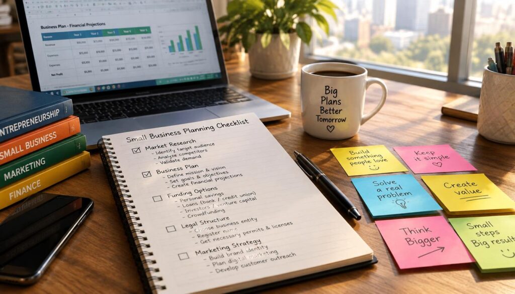 A close-up view of a wooden desk cluttered with a detailed small business planning checklist, featuring items like "Market Research," "Business Plan," and "Funding Options." Surrounding the checklist are essential tools for entrepreneurs: a laptop open to a spreadsheet, a coffee cup, and colorful sticky notes with brainstorming ideas. In the background, a large window lets in soft, natural light that creates a warm and inviting atmosphere. The scene is captured from a slight angle, emphasizing the organizational materials and the casual, professional vibe. The overall mood conveys focus and determination, ideal for budding entrepreneurs setting goals and strategies. A close-up view of a wooden desk cluttered with a detailed small business planning checklist, featuring items like "Market Research," "Business Plan," and "Funding Options." Surrounding the checklist are essential tools for entrepreneurs: a laptop open to a spreadsheet, a coffee cup, and colorful sticky notes with brainstorming ideas. In the background, a large window lets in soft, natural light that creates a warm and inviting atmosphere. The scene is captured from a slight angle, emphasizing the organizational materials and the casual, professional vibe. The overall mood conveys focus and determination, ideal for budding entrepreneurs setting goals and strategies.