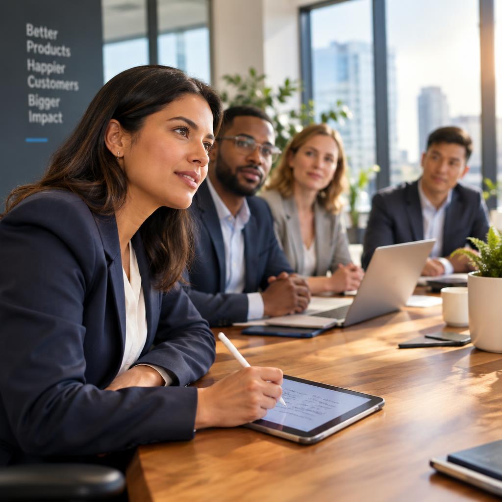 A confident entrepreneur engaging in a pricing conversation at a modern office meeting table. In the foreground, the founder, a woman in a tailored navy blazer and smart blouse, is leaning forward with a thoughtful expression, writing notes on a digital tablet. The middle ground shows a diverse group of individuals listening attentively, all dressed in professional business attire, reflecting a collaborative environment. The background is a sleek office space with large windows, letting in natural light that creates a warm atmosphere. Soft shadows enhance the room's features, conveying a sense of openness and positivity. A subtle lens blur focuses attention on the foreground, emphasizing the founder's dedication to a growth mindset during the discussion. A confident entrepreneur engaging in a pricing conversation at a modern office meeting table. In the foreground, the founder, a woman in a tailored navy blazer and smart blouse, is leaning forward with a thoughtful expression, writing notes on a digital tablet. The middle ground shows a diverse group of individuals listening attentively, all dressed in professional business attire, reflecting a collaborative environment. The background is a sleek office space with large windows, letting in natural light that creates a warm atmosphere. Soft shadows enhance the room's features, conveying a sense of openness and positivity. A subtle lens blur focuses attention on the foreground, emphasizing the founder's dedication to a growth mindset during the discussion.
