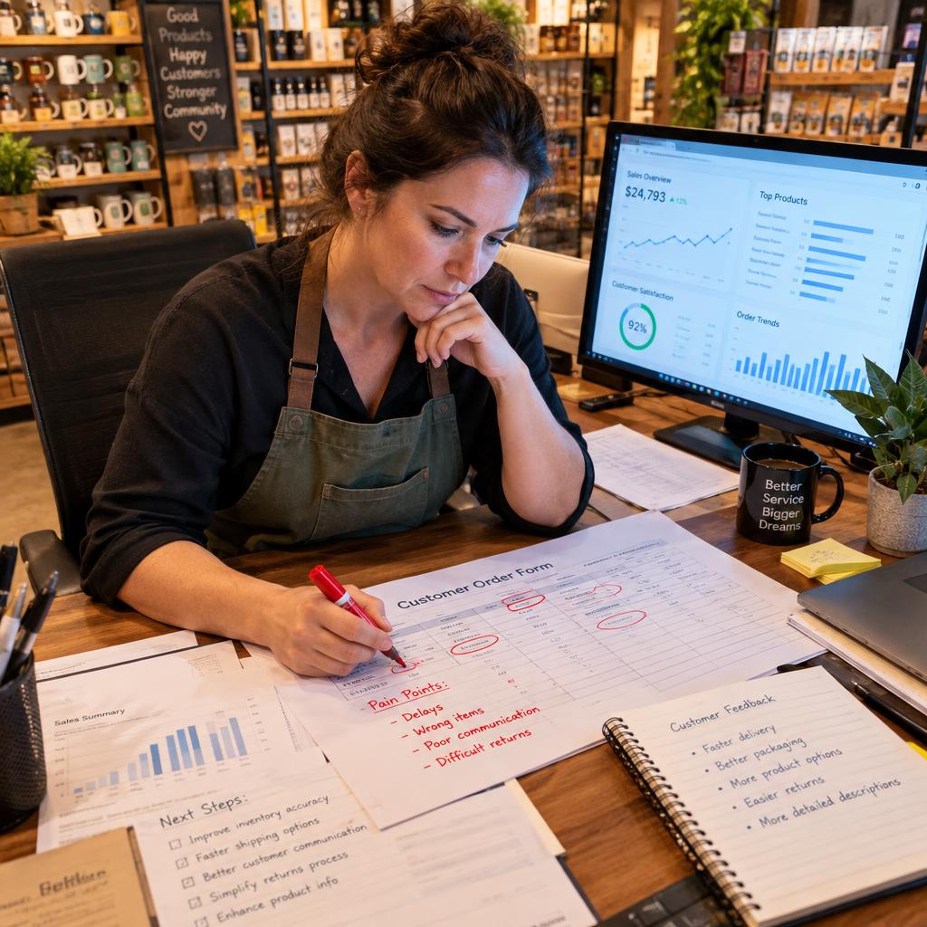 A diligent shop owner sits at a modern desk cluttered with spreadsheets and order forms, deep in thought. In the foreground, they are tracing customer pain points with a large red marker on a printed order sheet, showcasing their commitment to improving service. The middle ground features a computer screen displaying charts and analytics, with soft blue light illuminating their focused expression. The background includes shelves stocked with various products, suggesting a thriving retail environment. The atmosphere is one of determination and insight, with warm lighting casting a welcoming glow over the scene. Capture this moment from a slightly elevated angle to emphasize the owner's engagement with the data and their business, reflecting a professional yet approachable vibe.