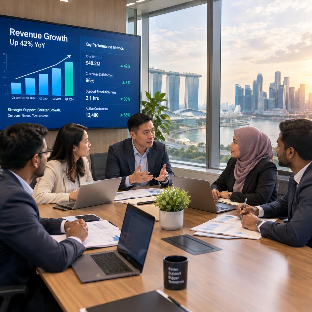 A dynamic scene in a modern Singapore office, capturing a diverse service team engaged in a focused discussion on support commitments during a period of rapid revenue growth. In the foreground, a multi-ethnic group of professionals in smart business attire—men and women of varying ethnic backgrounds—are gathered around a sleek conference table, with laptops and documents open in front of them. The middle ground features a large digital display showcasing growth charts and performance metrics, emphasizing the topic of their conversation. In the background, floor-to-ceiling windows reveal a panoramic view of Singapore’s skyline, illuminated by a soft afternoon glow, creating an atmosphere of positivity and ambition. The scene is well-lit, with a warm and professional ambiance, inviting viewers into this pivotal moment of collaboration and decision-making. A dynamic scene in a modern Singapore office, capturing a diverse service team engaged in a focused discussion on support commitments during a period of rapid revenue growth. In the foreground, a multi-ethnic group of professionals in smart business attire—men and women of varying ethnic backgrounds—are gathered around a sleek conference table, with laptops and documents open in front of them. The middle ground features a large digital display showcasing growth charts and performance metrics, emphasizing the topic of their conversation. In the background, floor-to-ceiling windows reveal a panoramic view of Singapore’s skyline, illuminated by a soft afternoon glow, creating an atmosphere of positivity and ambition. The scene is well-lit, with a warm and professional ambiance, inviting viewers into this pivotal moment of collaboration and decision-making.