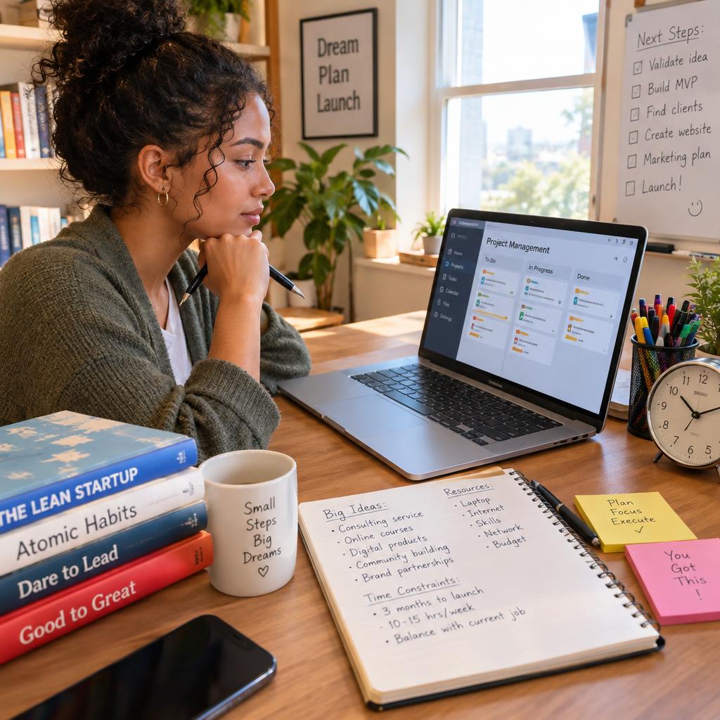 A focused and determined beginner entrepreneur, a young person of diverse background, is seated at a tidy workspace, surrounded by tools of the trade: a laptop open with a project management software visible, a notepad filled with ideas, and a clock showing the time. The foreground features the entrepreneur thoughtfully analyzing resources and time constraints, dressed in smart casual attire. The middle ground showcases a well-organized desk with motivational books and colorful pens, while the background has soft, natural light coming through a window, illuminating the space. The atmosphere is one of inspiration and anticipation, highlighting the initial steps toward launching a service, with a warm and inviting ambiance.
