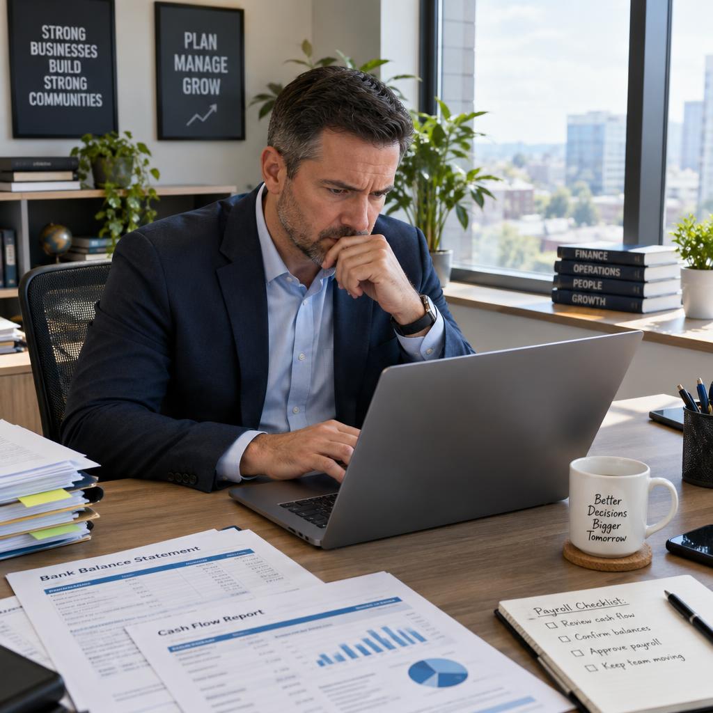 A focused entrepreneur in a modern office setting, intently reviewing bank balance statements and cash flow reports on a sleek laptop. The foreground features the entrepreneur, a middle-aged individual wearing professional business attire, with a slightly furrowed brow, reflecting concern and determination. In the middle ground, a large window with natural light pours in, illuminating stacks of paperwork and a coffee cup beside the laptop. The background showcases a well-organized workspace with motivational posters and a plant that adds a touch of greenery. The mood is serious yet hopeful, encapsulating the weight of financial responsibility before payroll. The scene is captured from a slightly elevated angle, creating depth and emphasizing the entrepreneur's engagement with the task. A focused entrepreneur in a modern office setting, intently reviewing bank balance statements and cash flow reports on a sleek laptop. The foreground features the entrepreneur, a middle-aged individual wearing professional business attire, with a slightly furrowed brow, reflecting concern and determination. In the middle ground, a large window with natural light pours in, illuminating stacks of paperwork and a coffee cup beside the laptop. The background showcases a well-organized workspace with motivational posters and a plant that adds a touch of greenery. The mood is serious yet hopeful, encapsulating the weight of financial responsibility before payroll. The scene is captured from a slightly elevated angle, creating depth and emphasizing the entrepreneur's engagement with the task.