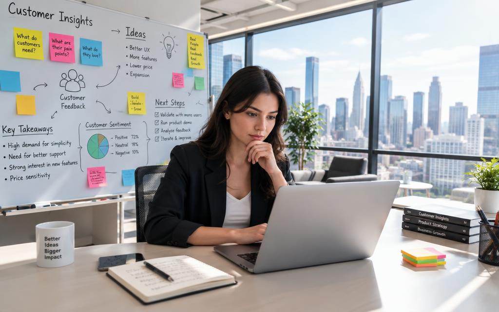 A focused entrepreneur in a modern, well-lit office is actively validating customer demand. In the foreground, the entrepreneur, a young woman dressed in professional business attire, is seated at a sleek desk, analyzing customer feedback on a laptop. Her expression is thoughtful, conveying determination and insight. In the middle ground, there are sticky notes and diagrams on a whiteboard, illustrating customer insights and ideas. The background features large windows with a city skyline view, flooded with natural light, creating an atmosphere of optimism and innovation. The image is captured with a wide-angle lens to convey depth and perspective, emphasizing the entrepreneurial spirit. Overall, the mood is dynamic and inspiring, reflecting the importance of gathering feedback to drive business success. A focused entrepreneur in a modern, well-lit office is actively validating customer demand. In the foreground, the entrepreneur, a young woman dressed in professional business attire, is seated at a sleek desk, analyzing customer feedback on a laptop. Her expression is thoughtful, conveying determination and insight. In the middle ground, there are sticky notes and diagrams on a whiteboard, illustrating customer insights and ideas. The background features large windows with a city skyline view, flooded with natural light, creating an atmosphere of optimism and innovation. The image is captured with a wide-angle lens to convey depth and perspective, emphasizing the entrepreneurial spirit. Overall, the mood is dynamic and inspiring, reflecting the importance of gathering feedback to drive business success.