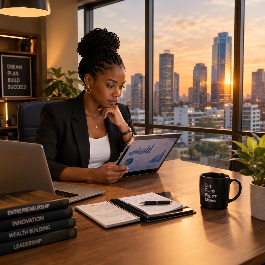 A focused entrepreneur sits at a stylish desk in a modern office, surrounded by tools of business, like a laptop, notebooks, and a plant. The entrepreneur, a young Black woman in professional attire, gazes thoughtfully at a digital tablet displaying business graphs. In the background, a large window offers a panoramic view of a vibrant cityscape, with skyscrapers reflecting the evening sunlight, creating a warm glow in the room. Soft overhead lighting accentuates the workspace while casting gentle shadows, enhancing the atmosphere of ambition and readiness. The mood is uplifting and inspiring, emphasizing the themes of entrepreneurial spirit and readiness for success, encapsulated within a contemporary setting. A focused entrepreneur sits at a stylish desk in a modern office, surrounded by tools of business, like a laptop, notebooks, and a plant. The entrepreneur, a young Black woman in professional attire, gazes thoughtfully at a digital tablet displaying business graphs. In the background, a large window offers a panoramic view of a vibrant cityscape, with skyscrapers reflecting the evening sunlight, creating a warm glow in the room. Soft overhead lighting accentuates the workspace while casting gentle shadows, enhancing the atmosphere of ambition and readiness. The mood is uplifting and inspiring, emphasizing the themes of entrepreneurial spirit and readiness for success, encapsulated within a contemporary setting.