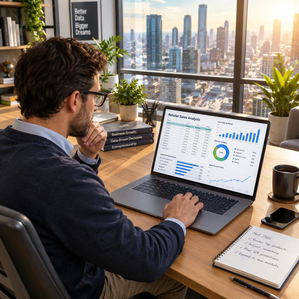 A focused entrepreneur, wearing a smart casual outfit with glasses, intently analyzing a complex retailer sales spreadsheet displayed on a laptop. In the foreground, vibrant graphs and charts glow softly on the screen, highlighting data literacy skills. The middle ground features a stylish and organized office space, with potted plants and a modern desk setup. The background reveals a large window showcasing a bustling cityscape, symbolizing business growth. Natural sunlight streams in, casting a warm and inviting atmosphere, enhancing the motivational mood of the scene. The image should be captured from a slightly elevated angle, offering a clear view of both the entrepreneur and the dynamic data on the screen, emphasizing the importance of data-driven decisions in entrepreneurship. A focused entrepreneur, wearing a smart casual outfit with glasses, intently analyzing a complex retailer sales spreadsheet displayed on a laptop. In the foreground, vibrant graphs and charts glow softly on the screen, highlighting data literacy skills. The middle ground features a stylish and organized office space, with potted plants and a modern desk setup. The background reveals a large window showcasing a bustling cityscape, symbolizing business growth. Natural sunlight streams in, casting a warm and inviting atmosphere, enhancing the motivational mood of the scene. The image should be captured from a slightly elevated angle, offering a clear view of both the entrepreneur and the dynamic data on the screen, emphasizing the importance of data-driven decisions in entrepreneurship.