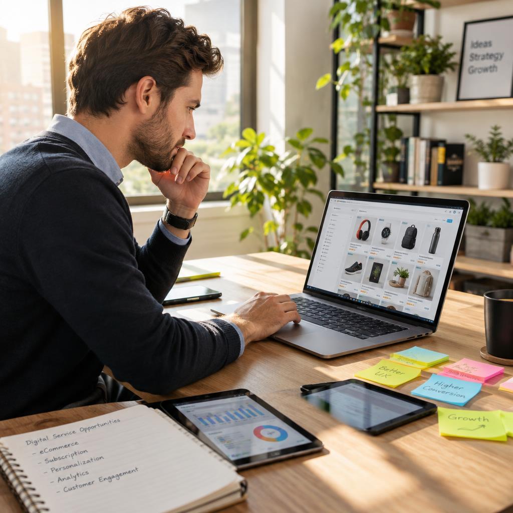 A focused retailer, dressed in smart casual attire, closely examines product listings on a laptop in a modern office environment. The foreground features a sleek desk with the laptop open, displaying vibrant images of various products, surrounded by color-coded sticky notes and a tablet reflecting analytic data. In the middle ground, a large window lets in warm, natural light, creating a bright atmosphere that enhances the sense of productivity. Soft greenery from potted plants can be seen on the shelves in the background, contributing to a fresh and motivating workspace. The interplay of sunlight and shadows adds depth, while the overall mood conveys determination and creativity, enhancing the concept of exploring digital service opportunities.