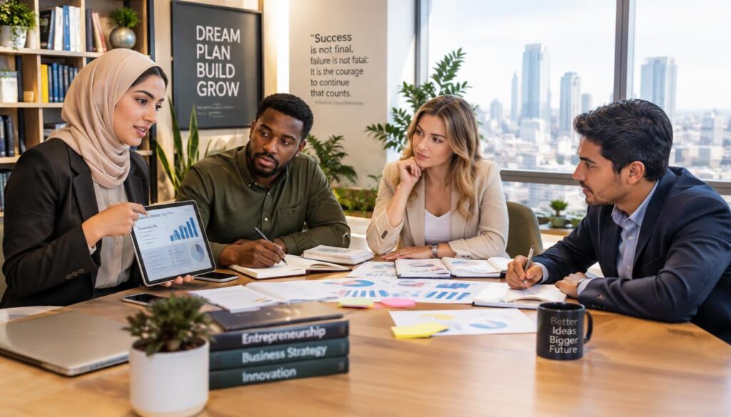A modern office setting filled with vibrant energy, showcasing a diverse group of four business professionals in conversation around a large table. In the foreground, a Middle-Eastern woman in professional attire is presenting a business plan on a tablet, while a Black male entrepreneur, dressed in a smart-casual outfit, takes notes. In the middle, a Caucasian female entrepreneur and a Hispanic male investor engage in discussion, looking thoughtfully at various charts and documents spread on the table. The background features shelves with business books, inspirational quotes on the wall, and large windows with city views, allowing natural light to flood the room. The atmosphere is collaborative and focused, reflecting the excitement and challenges of starting a business. Soft, warm lighting enhances the professional yet inviting mood. A modern office setting filled with vibrant energy, showcasing a diverse group of four business professionals in conversation around a large table. In the foreground, a Middle-Eastern woman in professional attire is presenting a business plan on a tablet, while a Black male entrepreneur, dressed in a smart-casual outfit, takes notes. In the middle, a Caucasian female entrepreneur and a Hispanic male investor engage in discussion, looking thoughtfully at various charts and documents spread on the table. The background features shelves with business books, inspirational quotes on the wall, and large windows with city views, allowing natural light to flood the room. The atmosphere is collaborative and focused, reflecting the excitement and challenges of starting a business. Soft, warm lighting enhances the professional yet inviting mood.