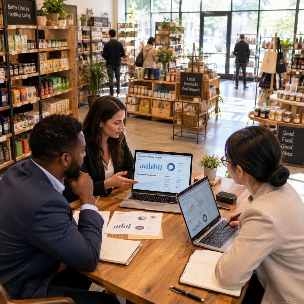 A neighborhood retail store bustling with activity, focused on a business meeting at a sleek wooden table in the foreground. A diverse group of three professionals, dressed in smart business attire, are analyzing data reports on laptops and discussing customer behavior insights related to repeated order entries. In the middle ground, shelves filled with various products reflect a well-organized retail setup, while small retail displays enhance the lively atmosphere. The background features a large window with natural light streaming in, illuminating the scene with a warm, inviting glow. The mood is collaborative and focused, highlighting innovation and strategic thinking in entrepreneurship, captured from a slightly elevated angle to showcase both the meeting and the store layout. A neighborhood retail store bustling with activity, focused on a business meeting at a sleek wooden table in the foreground. A diverse group of three professionals, dressed in smart business attire, are analyzing data reports on laptops and discussing customer behavior insights related to repeated order entries. In the middle ground, shelves filled with various products reflect a well-organized retail setup, while small retail displays enhance the lively atmosphere. The background features a large window with natural light streaming in, illuminating the scene with a warm, inviting glow. The mood is collaborative and focused, highlighting innovation and strategic thinking in entrepreneurship, captured from a slightly elevated angle to showcase both the meeting and the store layout.