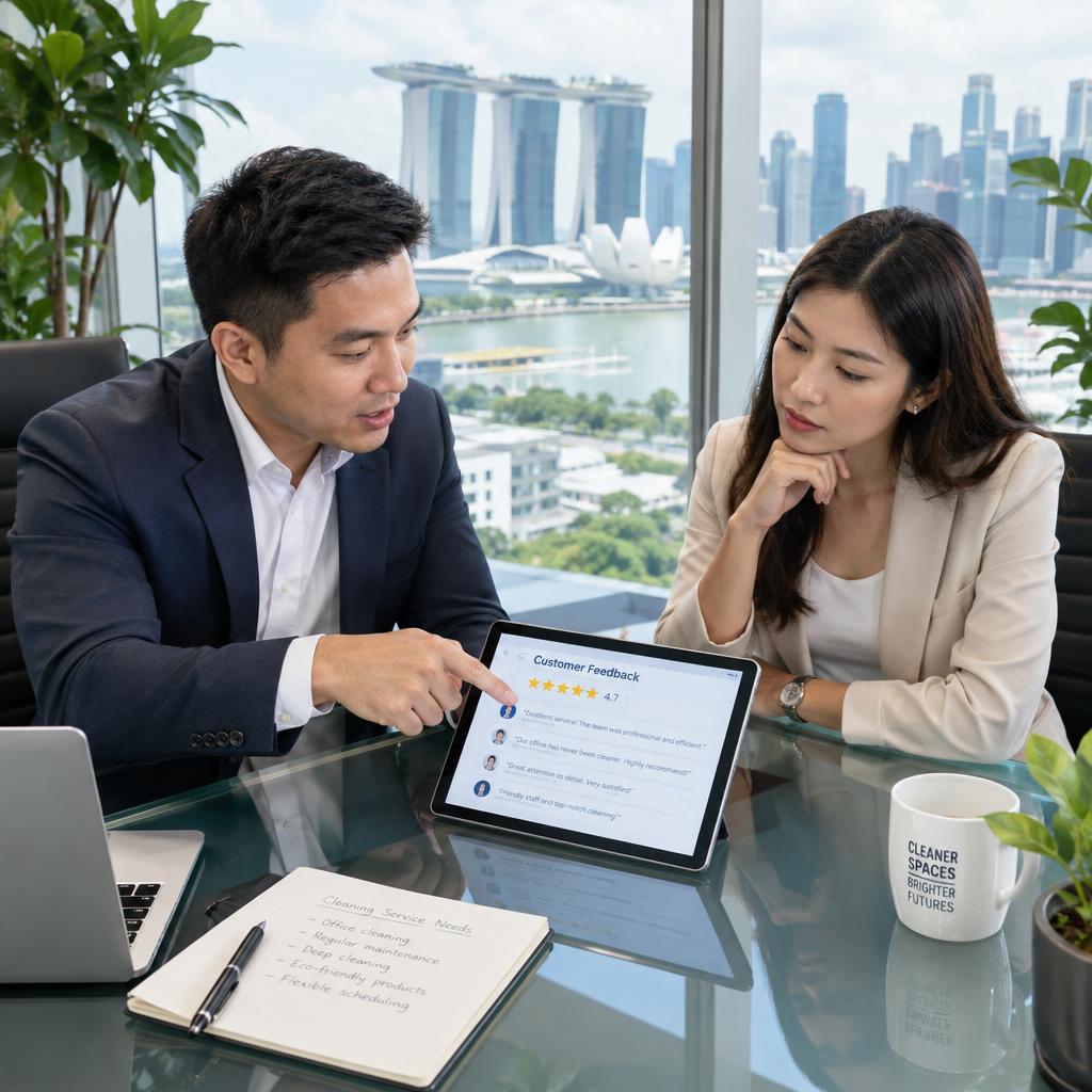 A professional Singapore founder, an Asian man in a tailored business suit, engaged in a focused discussion about cleaning service needs, sitting at a sleek glass conference table. He is pointing at a digital tablet displaying customer feedback, while a thoughtful female colleague, wearing smart business attire, listens attentively. The setting is a modern office space with large windows offering a view of Singapore's skyline, with lush greenery framing the scene. Soft, natural light streams in, creating a bright and optimistic atmosphere. The angle is slightly elevated to capture both subjects and the urban backdrop clearly, emphasizing collaboration and innovation in entrepreneurship. A professional Singapore founder, an Asian man in a tailored business suit, engaged in a focused discussion about cleaning service needs, sitting at a sleek glass conference table. He is pointing at a digital tablet displaying customer feedback, while a thoughtful female colleague, wearing smart business attire, listens attentively. The setting is a modern office space with large windows offering a view of Singapore's skyline, with lush greenery framing the scene. Soft, natural light streams in, creating a bright and optimistic atmosphere. The angle is slightly elevated to capture both subjects and the urban backdrop clearly, emphasizing collaboration and innovation in entrepreneurship.
