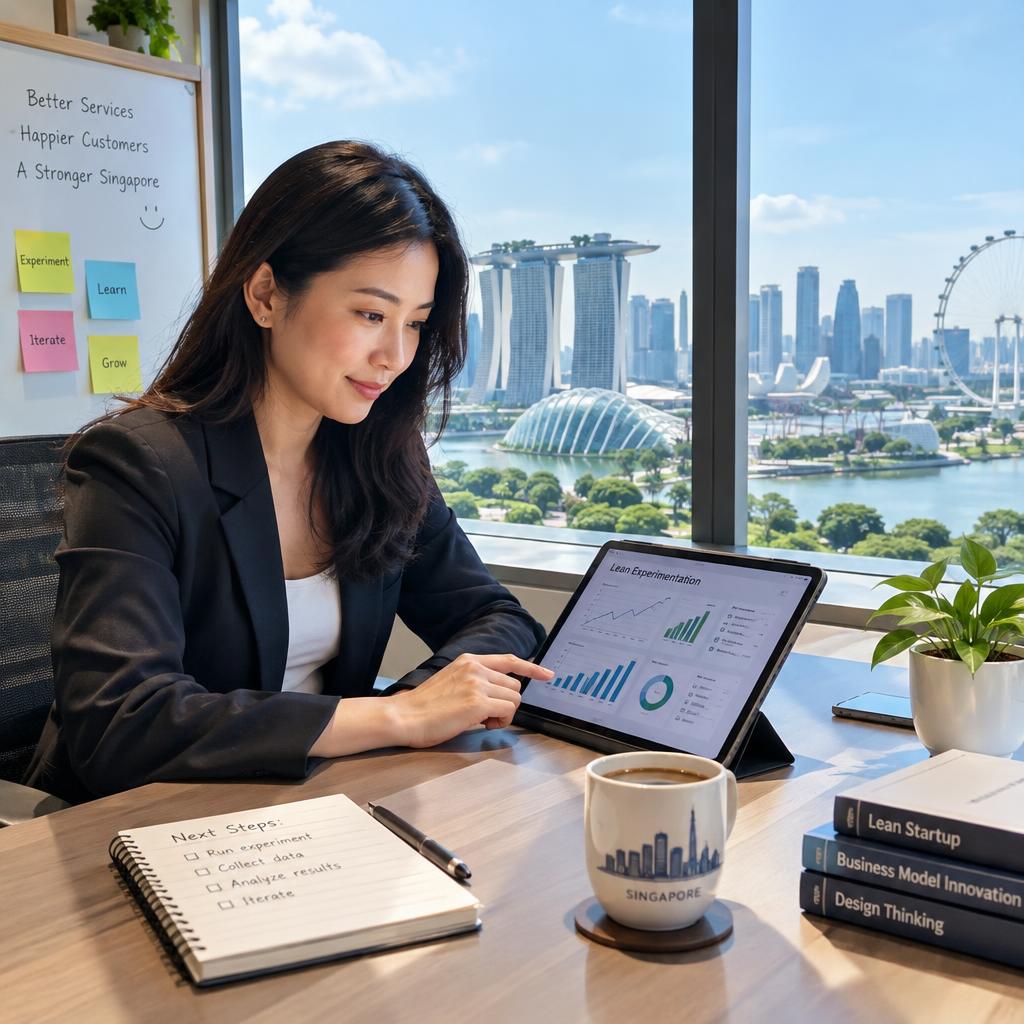 A professional Singaporean service owner sits at a sleek, modern desk, focused on a digital tablet displaying charts and graphs related to lean experimentation. She wears a smart business attire, exuding confidence and determination. In the foreground, a well-organized workspace features tools like a notepad, a coffee cup, and a potted plant, enhancing the atmosphere of productivity. In the middle ground, a large window reveals a vibrant cityscape of Singapore, with iconic architecture and greenery under a clear blue sky. Soft, natural light streams in, casting gentle shadows that create a warm and inviting ambiance. The composition captures a sense of innovation and entrepreneurship, inspiring viewers to embrace thoughtful planning and experimentation. A professional Singaporean service owner sits at a sleek, modern desk, focused on a digital tablet displaying charts and graphs related to lean experimentation. She wears a smart business attire, exuding confidence and determination. In the foreground, a well-organized workspace features tools like a notepad, a coffee cup, and a potted plant, enhancing the atmosphere of productivity. In the middle ground, a large window reveals a vibrant cityscape of Singapore, with iconic architecture and greenery under a clear blue sky. Soft, natural light streams in, casting gentle shadows that create a warm and inviting ambiance. The composition captures a sense of innovation and entrepreneurship, inspiring viewers to embrace thoughtful planning and experimentation.