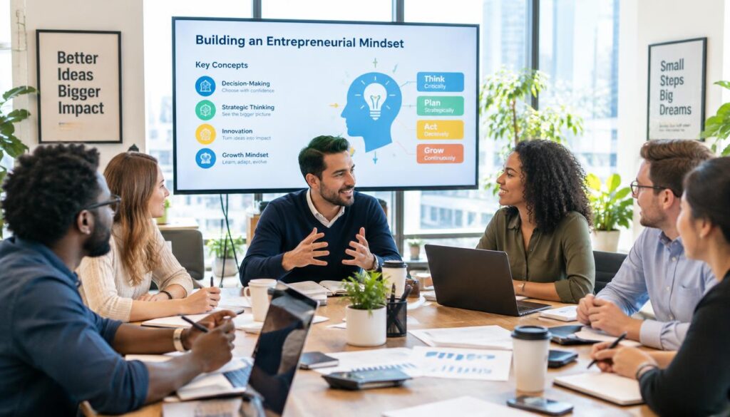 Business training participants discussing entrepreneur lessons and decisions
