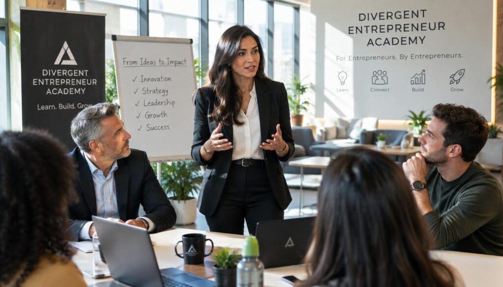 A professional scene depicting a diverse group of business individuals engaged in a collaborative meeting. In the foreground, a confident woman in formal business attire stands, passionately explaining a concept to her colleagues. To her left, a middle-aged man in a smart suit listens intently, while on her right, a young entrepreneur in business casual observes thoughtfully. The background features a sleek modern office with large windows, allowing natural light to flood the space, creating a bright and inspiring atmosphere. Soft, warm lighting enhances the inviting mood. The scene showcases the dynamic roles of entrepreneurs, business owners, founders, and CEOs in an engaging, professional environment, reflecting innovation and teamwork. The setting prominently displays elements of the "Divergent Entrepreneur Academy," suggesting a space for learning and growth.