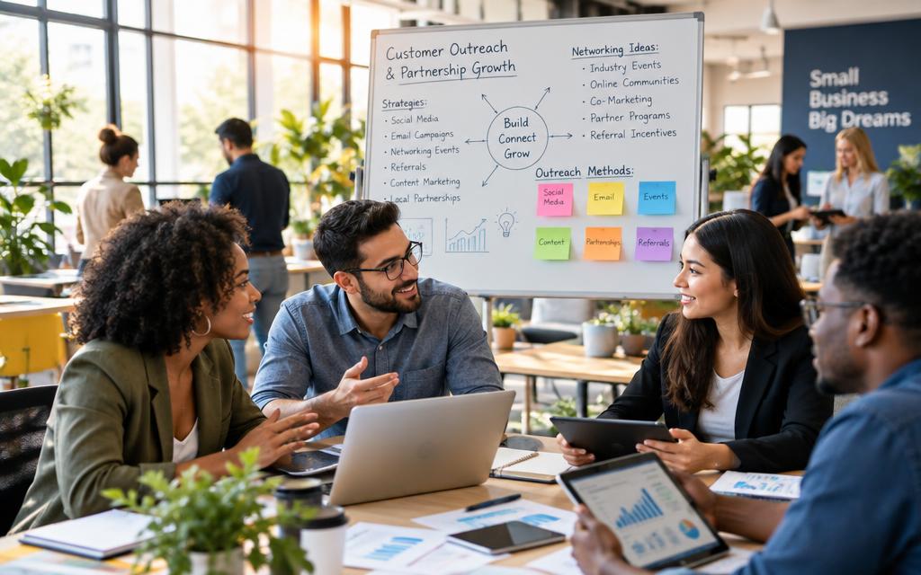 A vibrant and dynamic scene depicting a startup workspace where diverse entrepreneurs are engaged in customer outreach and forming small business partnerships. In the foreground, a diverse group of professionals, including a woman in a smart blazer and a man wearing business casual attire, are animatedly discussing over a laptop and tablets, with charts and graphs visible. In the middle ground, you see a whiteboard filled with creative ideas and networking strategies, alongside colorful sticky notes highlighting different outreach methods. In the background, large windows let in warm, natural light, illuminating the modern office ambiance filled with plants and collaborative workspaces. The overall mood is inspiring and energetic, showcasing innovation and teamwork in action, with a soft focus to emphasize professionalism and a sense of purpose. A vibrant and dynamic scene depicting a startup workspace where diverse entrepreneurs are engaged in customer outreach and forming small business partnerships. In the foreground, a diverse group of professionals, including a woman in a smart blazer and a man wearing business casual attire, are animatedly discussing over a laptop and tablets, with charts and graphs visible. In the middle ground, you see a whiteboard filled with creative ideas and networking strategies, alongside colorful sticky notes highlighting different outreach methods. In the background, large windows let in warm, natural light, illuminating the modern office ambiance filled with plants and collaborative workspaces. The overall mood is inspiring and energetic, showcasing innovation and teamwork in action, with a soft focus to emphasize professionalism and a sense of purpose.