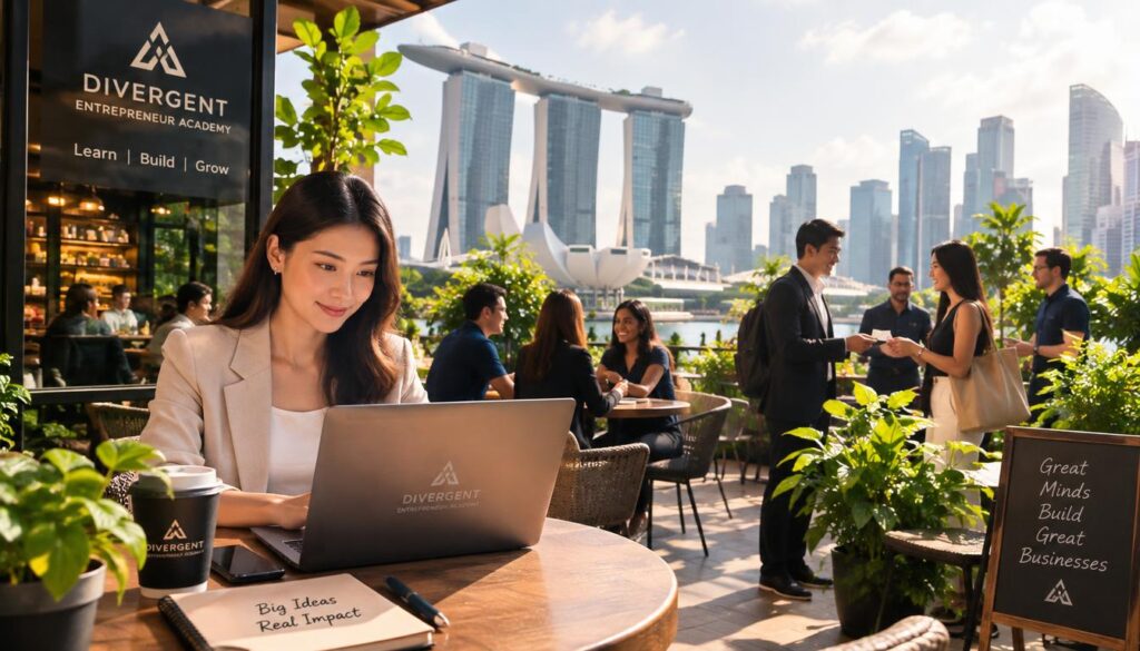 A vibrant city scene showcasing an entrepreneur in Singapore beginning her small business. In the foreground, a confident young woman dressed in a smart, professional outfit stands at a café table, reviewing her business plan on a laptop. In the middle ground, diverse people are engaging in discussions, with some exchanging business cards, surrounded by lush greenery. The background captures the iconic Marina Bay Sands and the bustling city skyline under bright sunlight, casting soft shadows adding warmth to the atmosphere. Use warm, natural lighting to evoke a sense of optimism and opportunity. The mood feels energetic and inspiring, reflecting the spirit of entrepreneurship. Include a subtle reference to the "Divergent Entrepreneur Academy" in the café's branding, ensuring it complements the overall scene harmoniously.