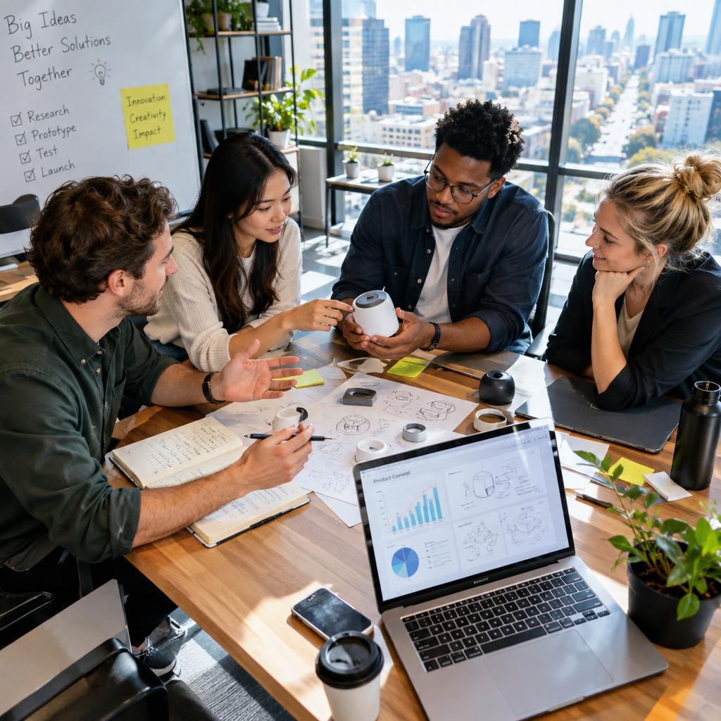 A vibrant scene of young entrepreneurs, two men and two women, collaborating around a modern, sleek table in a well-lit coworking space. The foreground features a laptop with charts and sketches open, while one entrepreneur, wearing smart casual attire, gestures enthusiastically over notes. In the middle, the group examines a prototype item, showcasing diverse ideas. In the background, large windows reveal a bustling cityscape, flooding the room with natural light and energy. The atmosphere is dynamic and optimistic, hinting at innovation and creativity in the air. Capture this moment from a slightly elevated angle to provide an expansive view of the collaboration, emphasizing teamwork and the excitement of early entrepreneurship. A vibrant scene of young entrepreneurs, two men and two women, collaborating around a modern, sleek table in a well-lit coworking space. The foreground features a laptop with charts and sketches open, while one entrepreneur, wearing smart casual attire, gestures enthusiastically over notes. In the middle, the group examines a prototype item, showcasing diverse ideas. In the background, large windows reveal a bustling cityscape, flooding the room with natural light and energy. The atmosphere is dynamic and optimistic, hinting at innovation and creativity in the air. Capture this moment from a slightly elevated angle to provide an expansive view of the collaboration, emphasizing teamwork and the excitement of early entrepreneurship.