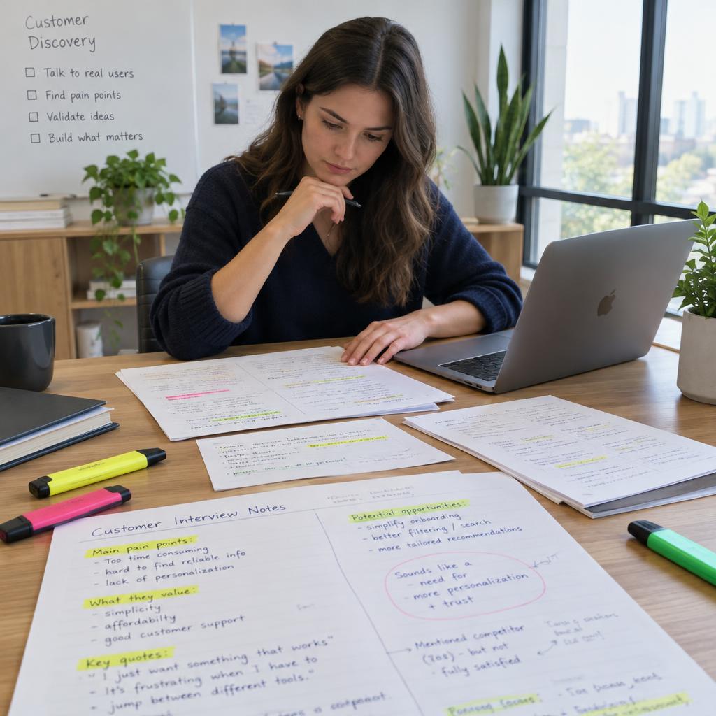 An entrepreneur, dressed in smart casual attire, sits at a modern wooden desk cluttered with anonymized interview notes, highlighters, and a laptop. In the foreground, close-up details of the notes show various highlighted segments and handwritten annotations. The middle ground features the entrepreneur thoughtfully sorting through the notes, with a focused expression, and their hand poised over a document. The background includes a minimalist office space with plants and a large window letting in soft, natural light, creating a bright and inviting atmosphere. The overall mood is one of determination and insight, with a focus on the process of customer discovery, captured from a slightly elevated angle to emphasize the workspace. An entrepreneur, dressed in smart casual attire, sits at a modern wooden desk cluttered with anonymized interview notes, highlighters, and a laptop. In the foreground, close-up details of the notes show various highlighted segments and handwritten annotations. The middle ground features the entrepreneur thoughtfully sorting through the notes, with a focused expression, and their hand poised over a document. The background includes a minimalist office space with plants and a large window letting in soft, natural light, creating a bright and inviting atmosphere. The overall mood is one of determination and insight, with a focus on the process of customer discovery, captured from a slightly elevated angle to emphasize the workspace.