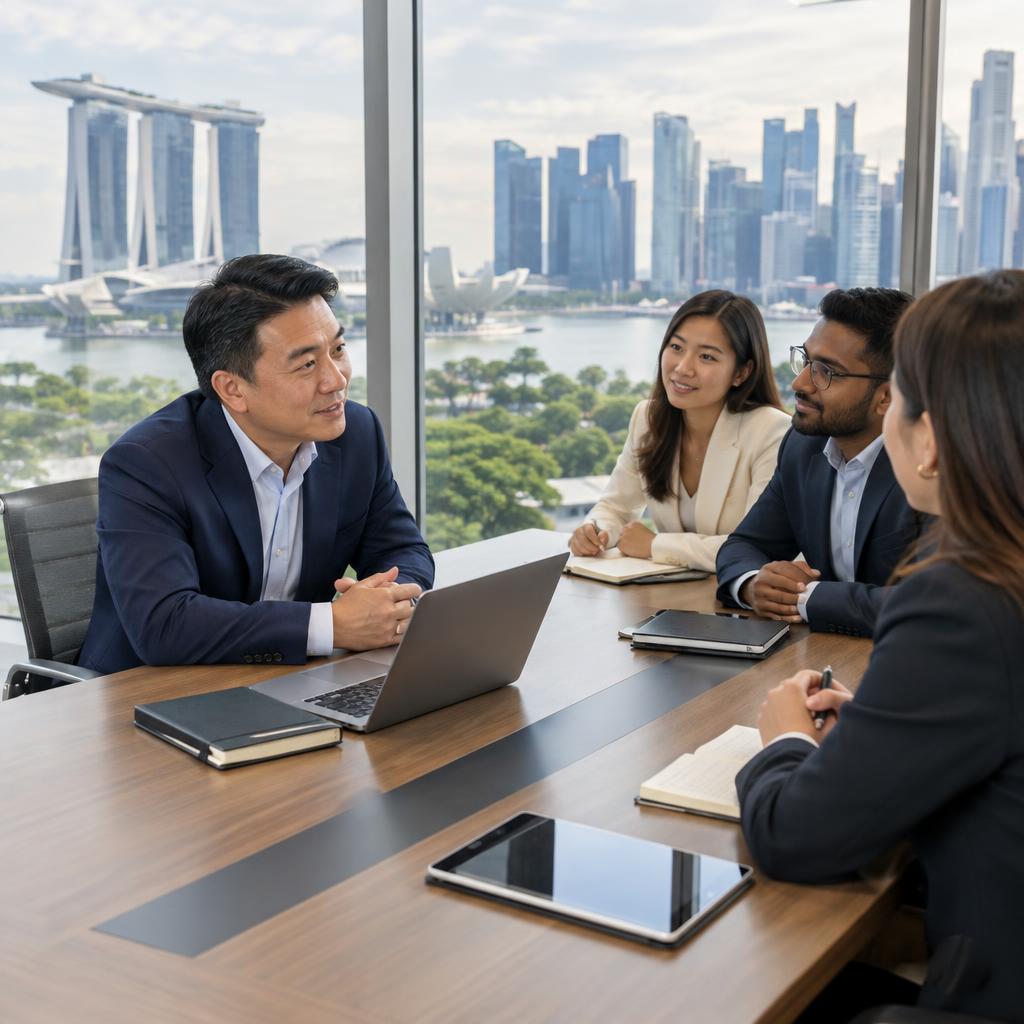 An entrepreneur engaged in active listening during a customer meeting in Singapore. In the foreground, the entrepreneur, a middle-aged Asian man in a tailored navy suit, leans slightly forward, nodding with focus, while a diverse group of clients sits across the table, attentively observing him. Their expressions convey engagement and trust. The middle ground features a sleek, modern conference table adorned with a laptop, notebooks, and a digital tablet. In the background, a panoramic window reveals Singapore's iconic skyline, with tall skyscrapers and lush greenery, illuminated by soft afternoon light. The atmosphere is professional yet welcoming, capturing a moment of sincere communication and connection. The image is captured from a slightly elevated angle, highlighting the interaction and setting.