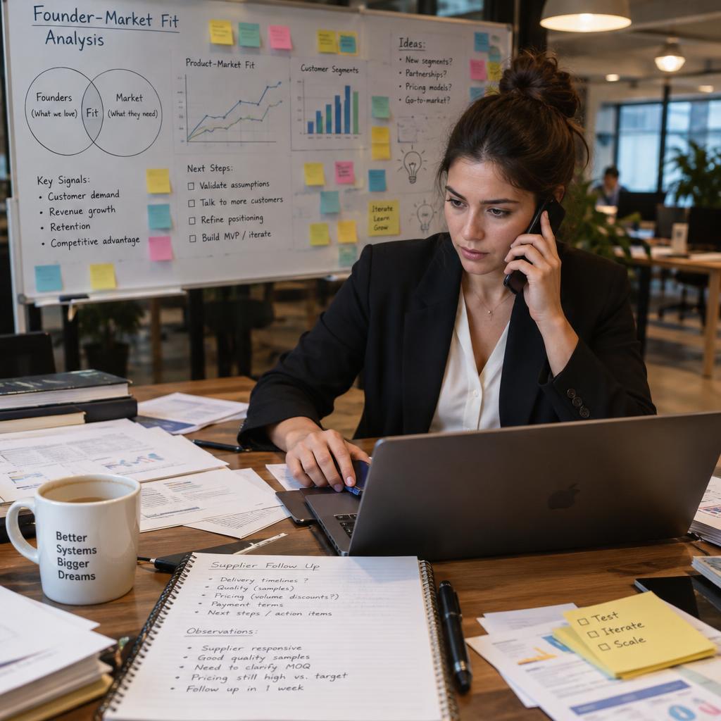 An operations professional, dressed in smart business attire, sits at a desk cluttered with documents and notes, actively assessing data on a laptop. She is engaged in a follow-up call with a supplier, her expression focused and analytical. In the foreground, a notepad filled with written observations is adjacent to a coffee mug, reflecting the intensity of her work. In the middle background, a large whiteboard displays charts and diagrams illustrating founder-market fit analysis, with sticky notes scattered around for brainstorming ideas. Soft overhead lighting creates a professional yet inviting atmosphere, while a blurred office backdrop hints at a dynamic work environment. The camera angle is slightly above eye level, capturing both the subject's concentration and the organized chaos of an entrepreneurial workspace.