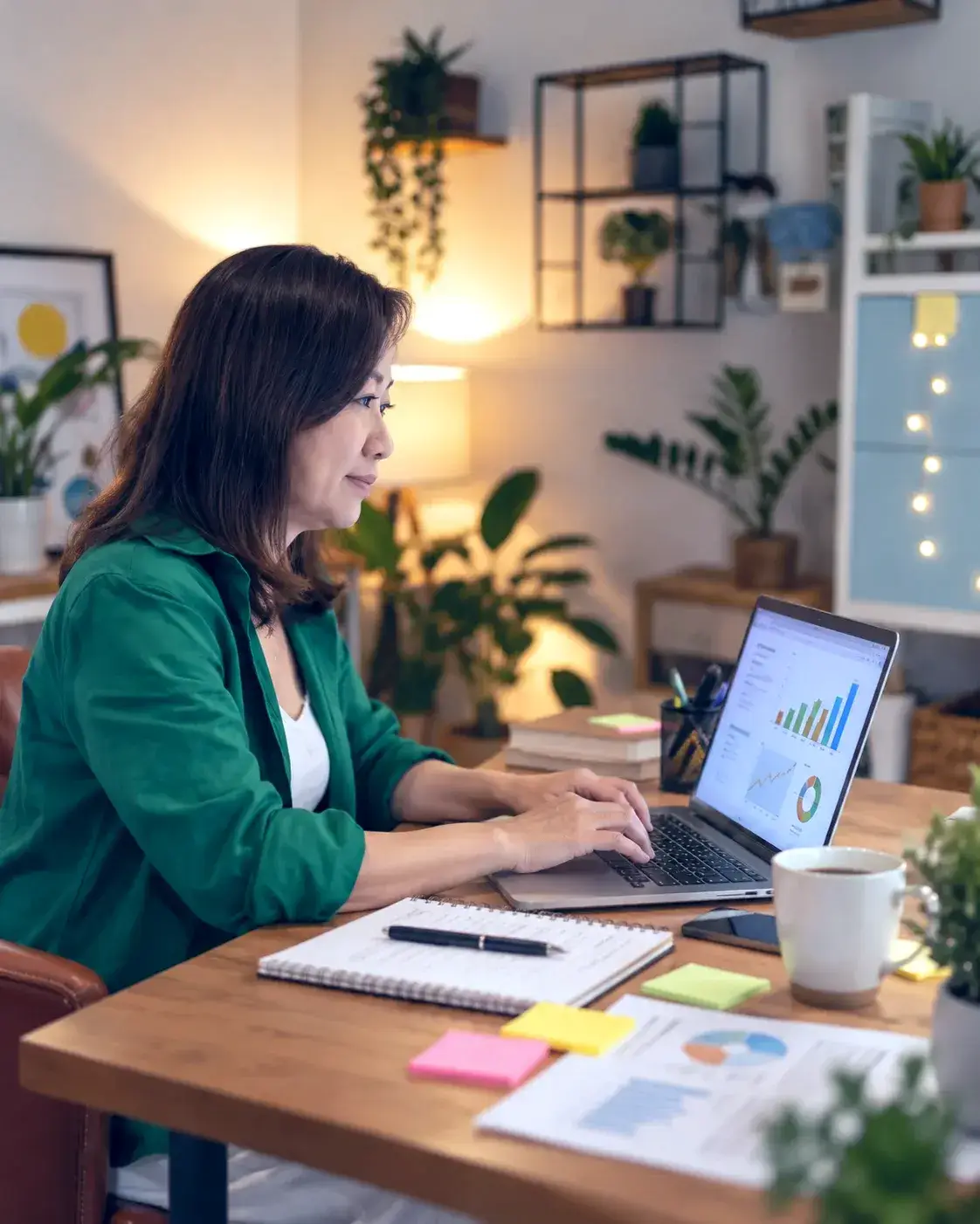 A woman working on a laptop with charts and sticky notes at a wooden desk, planning ideas in a notebook.