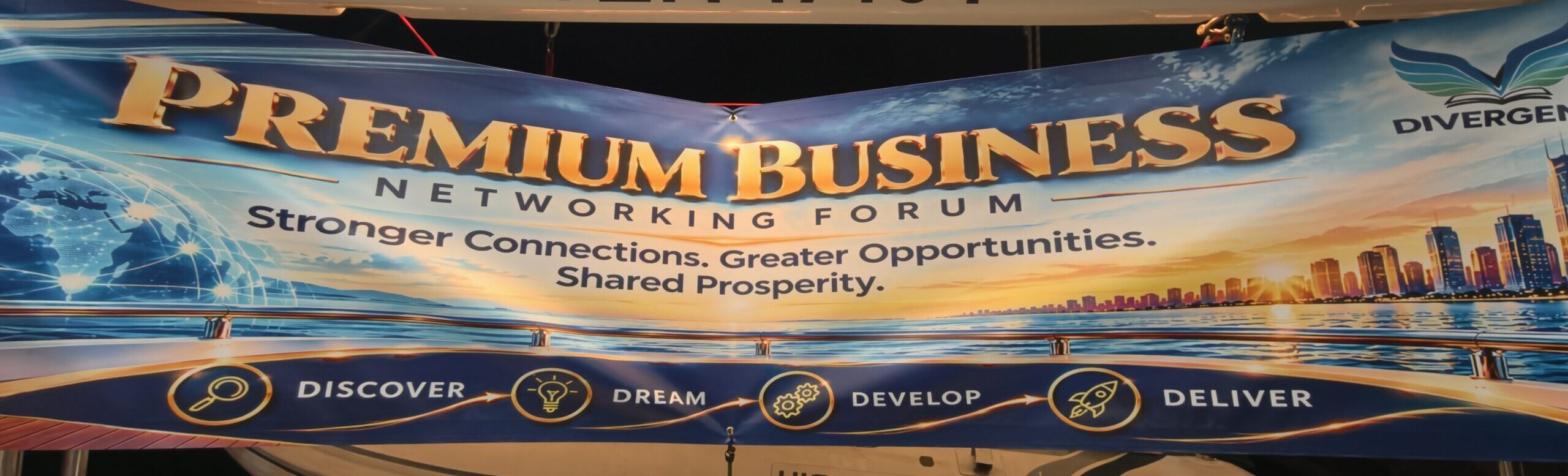 Premium Business Networking Forum banner displayed aboard the yacht