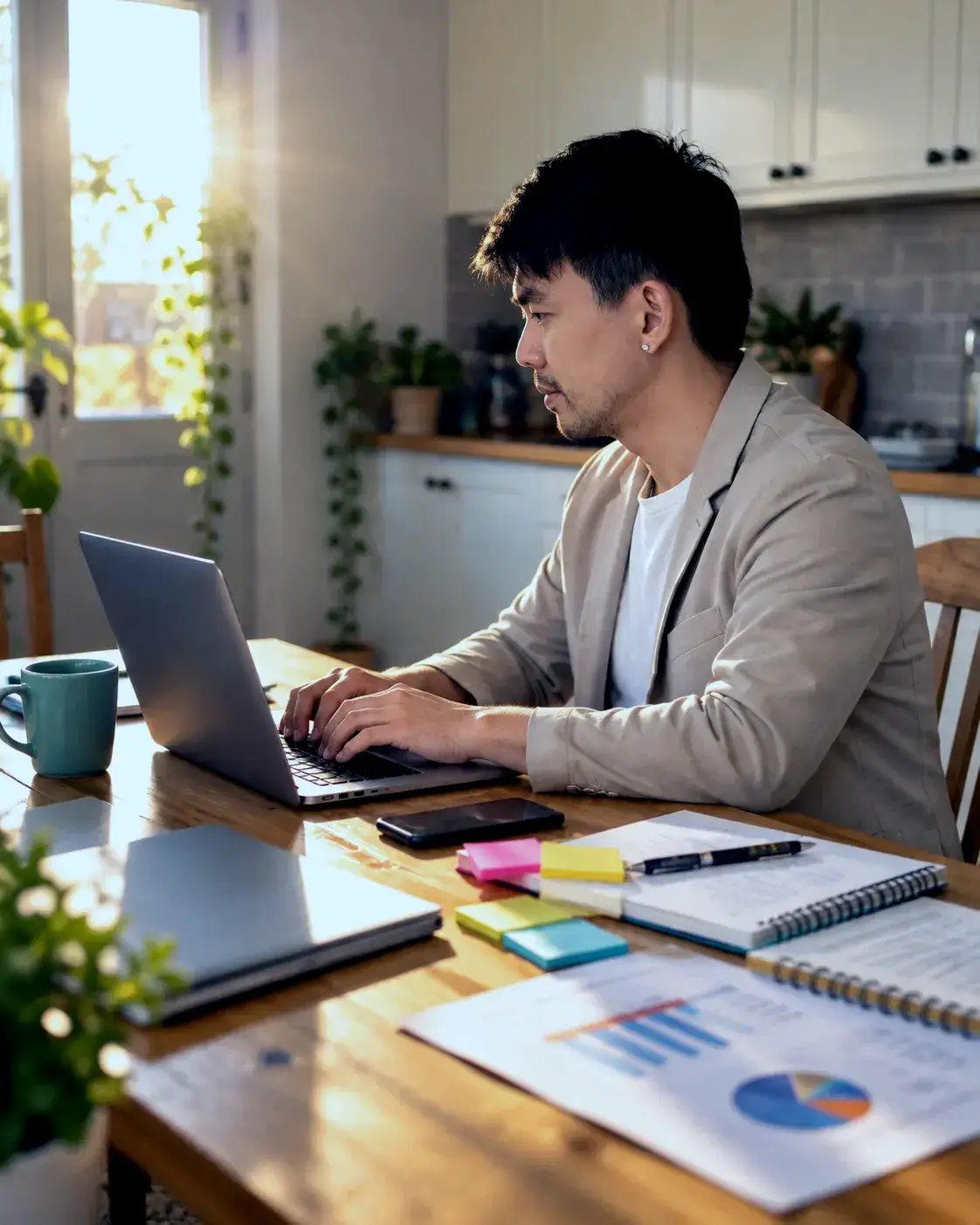 A man in a beige blazer working on a laptop at a sunlit wooden table, with notebooks, charts and sticky notes, balancing work and home life.